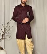 Peach dupion arts silk anghrakha design with hand work on collar and buttons indo western