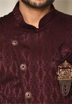 Peach dupion arts silk anghrakha design with hand work on collar and buttons indo western 2
