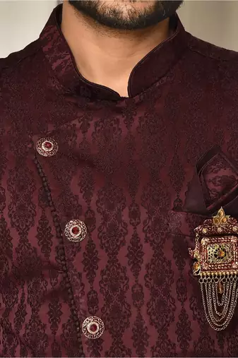 Peach dupion arts silk anghrakha design with hand work on collar and buttons indo western