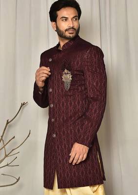 Peach dupion arts silk anghrakha design with hand work on collar and buttons indo western 3