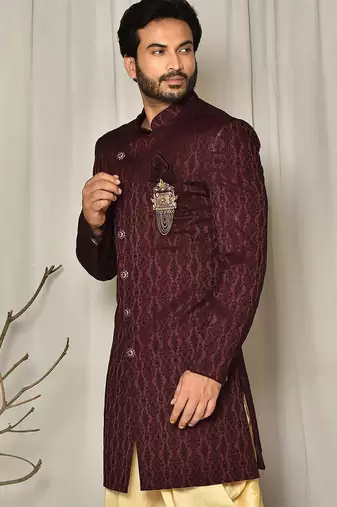 Peach dupion arts silk anghrakha design with hand work on collar and buttons indo western