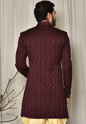 Peach dupion arts silk anghrakha design with hand work on collar and buttons indo western 4