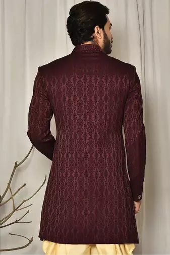 Peach dupion arts silk anghrakha design with hand work on collar and buttons indo western