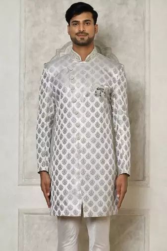 Grey dupion arts silk anghrakha design with hand work on collar and buttons indo western
