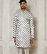 Grey dupion arts silk anghrakha design with hand work on collar and buttons indo western