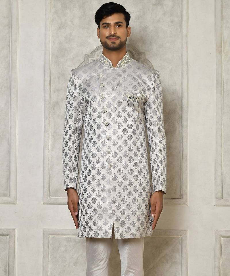 Grey dupion arts silk anghrakha design with hand work on collar and buttons indo western