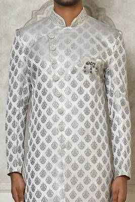 Grey dupion arts silk anghrakha design with hand work on collar and buttons indo western 2