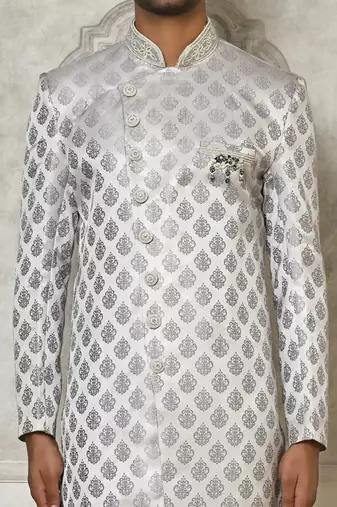 Grey dupion arts silk anghrakha design with hand work on collar and buttons indo western