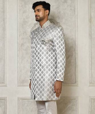 Grey dupion arts silk anghrakha design with hand work on collar and buttons indo western 3