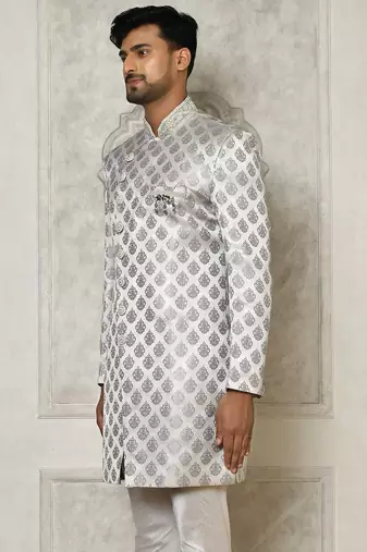 Grey dupion arts silk anghrakha design with hand work on collar and buttons indo western