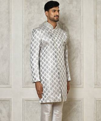 Grey dupion arts silk anghrakha design with hand work on collar and buttons indo western 4
