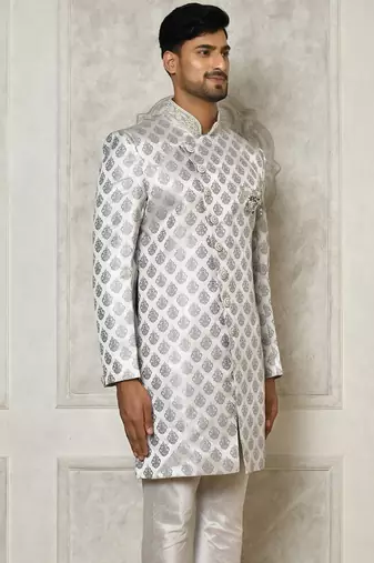 Grey dupion arts silk anghrakha design with hand work on collar and buttons indo western