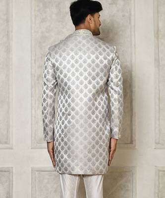 Grey dupion arts silk anghrakha design with hand work on collar and buttons indo western 5