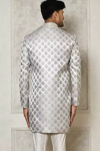 Grey dupion arts silk anghrakha design with hand work on collar and buttons indo western