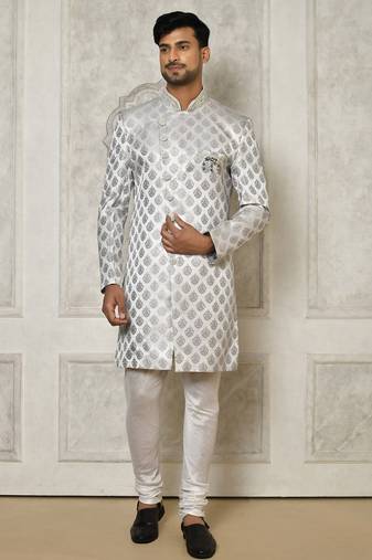 Grey dupion arts silk anghrakha design with hand work on collar and buttons indo western