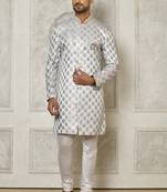 Grey dupion arts silk anghrakha design with hand work on collar and buttons indo western