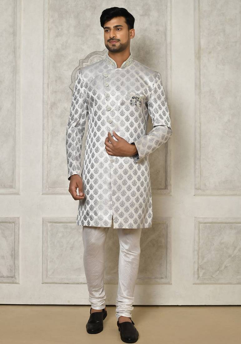Grey dupion arts silk anghrakha design with hand work on collar and buttons indo western