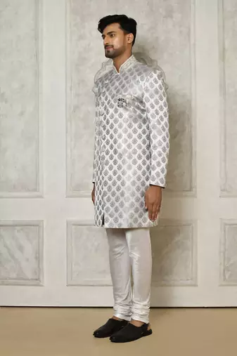 Grey dupion arts silk anghrakha design with hand work on collar and buttons indo western