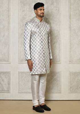 Grey dupion arts silk anghrakha design with hand work on collar and buttons indo western 3