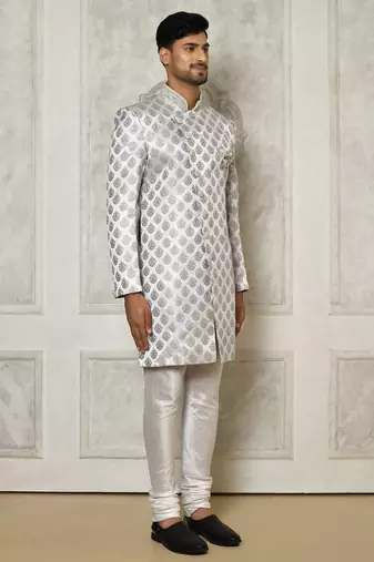 Grey dupion arts silk anghrakha design with hand work on collar and buttons indo western