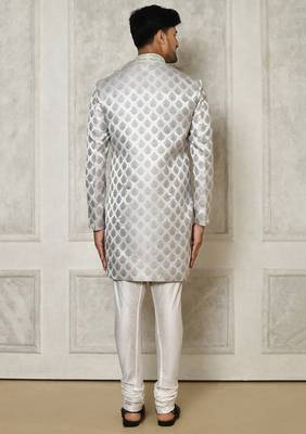 Grey dupion arts silk anghrakha design with hand work on collar and buttons indo western 4