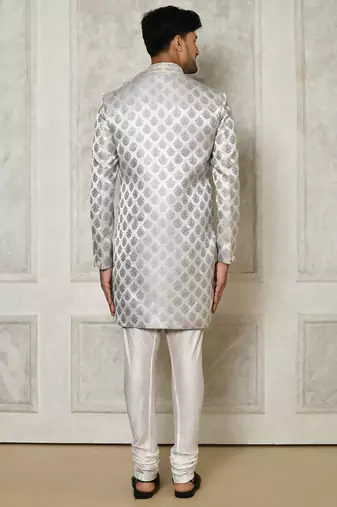 Grey dupion arts silk anghrakha design with hand work on collar and buttons indo western