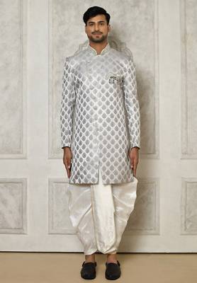 Grey dupion arts silk anghrakha design with hand work on collar and buttons indo western 1