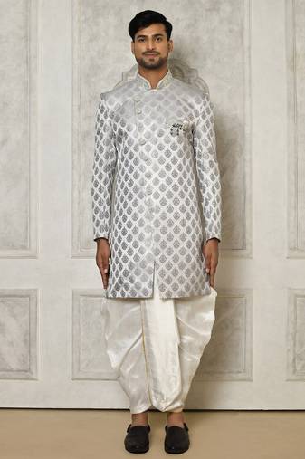 Grey dupion arts silk anghrakha design with hand work on collar and buttons indo western
