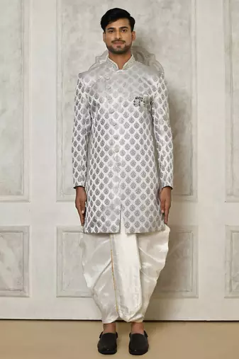 Grey dupion arts silk anghrakha design with hand work on collar and buttons indo western