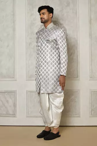 Grey dupion arts silk anghrakha design with hand work on collar and buttons indo western