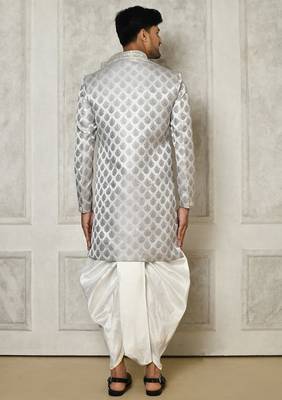 Grey dupion arts silk anghrakha design with hand work on collar and buttons indo western 3