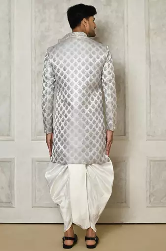 Grey dupion arts silk anghrakha design with hand work on collar and buttons indo western