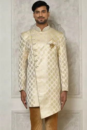Cream dupion arts silk anghrakha design with hand work on collar and buttons indo western