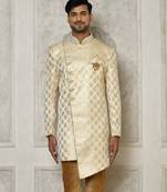 Cream dupion arts silk anghrakha design with hand work on collar and buttons indo western