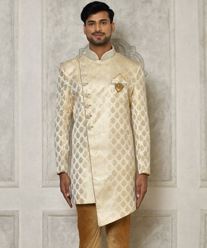 Cream dupion arts silk anghrakha design with hand work on collar and buttons indo western
