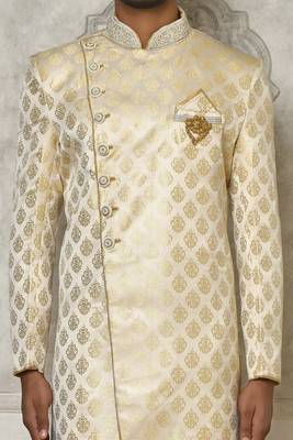 Cream dupion arts silk anghrakha design with hand work on collar and buttons indo western 2