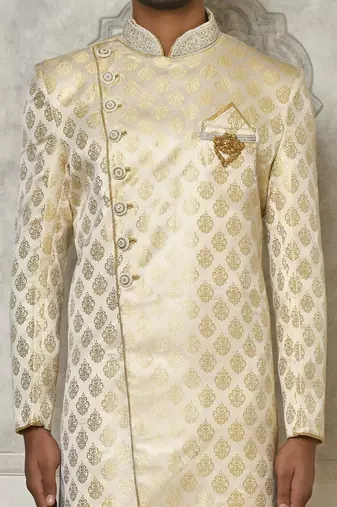 Cream dupion arts silk anghrakha design with hand work on collar and buttons indo western