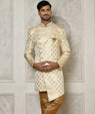 Cream dupion arts silk anghrakha design with hand work on collar and buttons indo western 3