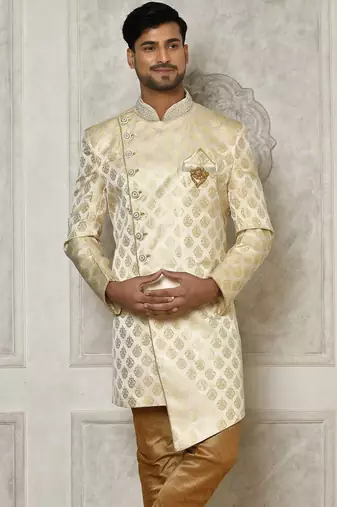 Cream dupion arts silk anghrakha design with hand work on collar and buttons indo western