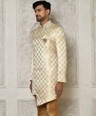 Cream dupion arts silk anghrakha design with hand work on collar and buttons indo western 4