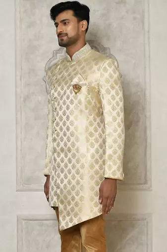 Cream dupion arts silk anghrakha design with hand work on collar and buttons indo western