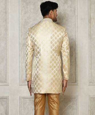 Cream dupion arts silk anghrakha design with hand work on collar and buttons indo western 5