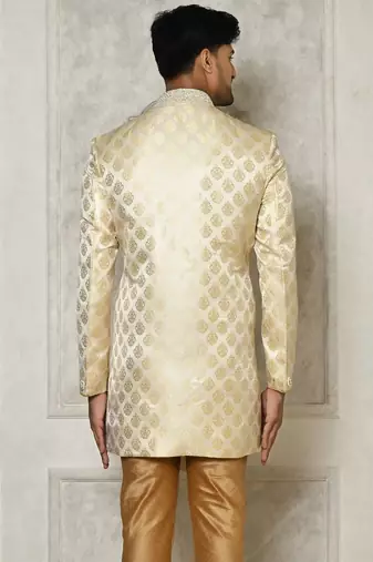 Cream dupion arts silk anghrakha design with hand work on collar and buttons indo western