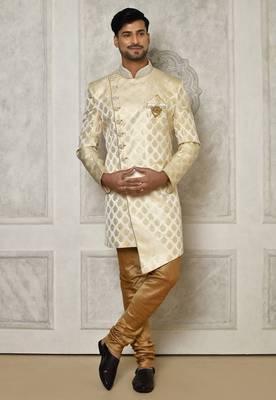 Cream dupion arts silk anghrakha design with hand work on collar and buttons indo western 1