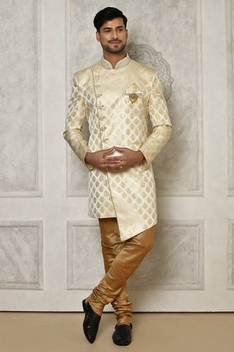 Cream dupion arts silk anghrakha design with hand work on collar and buttons indo western