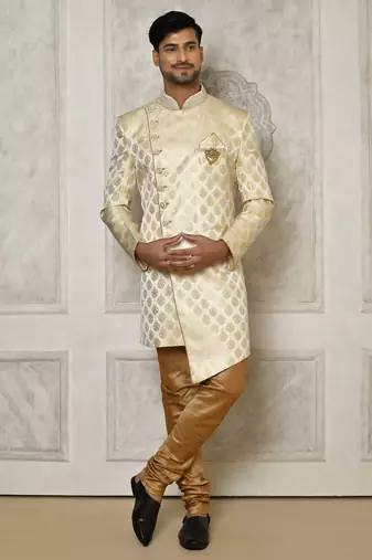 Cream dupion arts silk anghrakha design with hand work on collar and buttons indo western