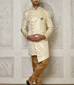 Cream dupion arts silk anghrakha design with hand work on collar and buttons indo western