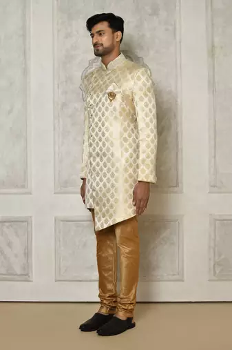 Cream dupion arts silk anghrakha design with hand work on collar and buttons indo western