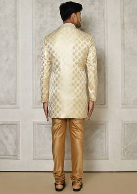 Cream dupion arts silk anghrakha design with hand work on collar and buttons indo western 3