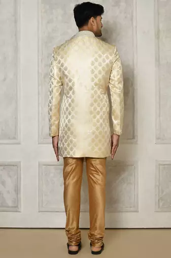 Cream dupion arts silk anghrakha design with hand work on collar and buttons indo western